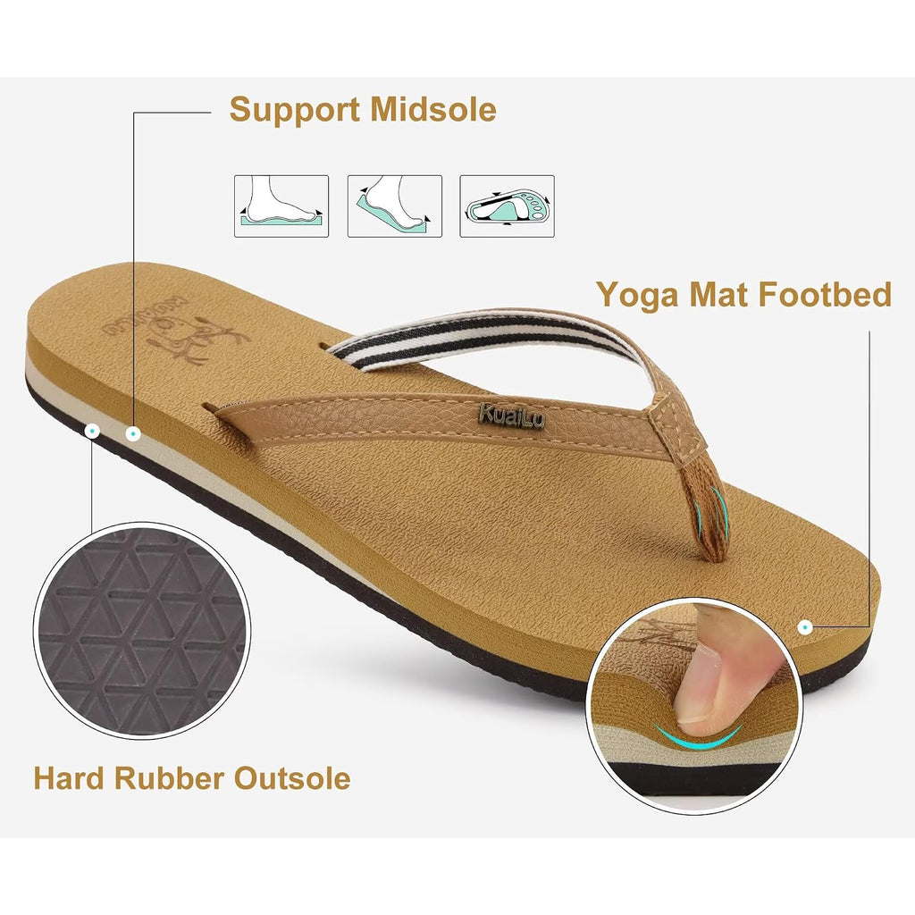 Kuailu Womens Arch Support Flip Flops Comfortable Yoga Mat Slip On Summer Beach Walking Thong Cushion Sandals