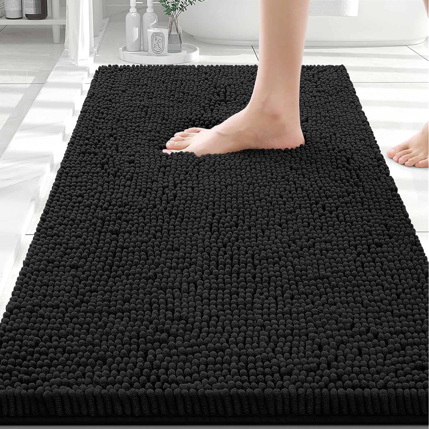 Smiry Luxury Chenille Bathroom Rugs 30X20, Extra Soft And Absorbent Shaggy Bath Mat, Machine Washable, Non-Slip Plush Carpet Runner For Tub, Shower, And Floor, Home Decor Accessories, Black