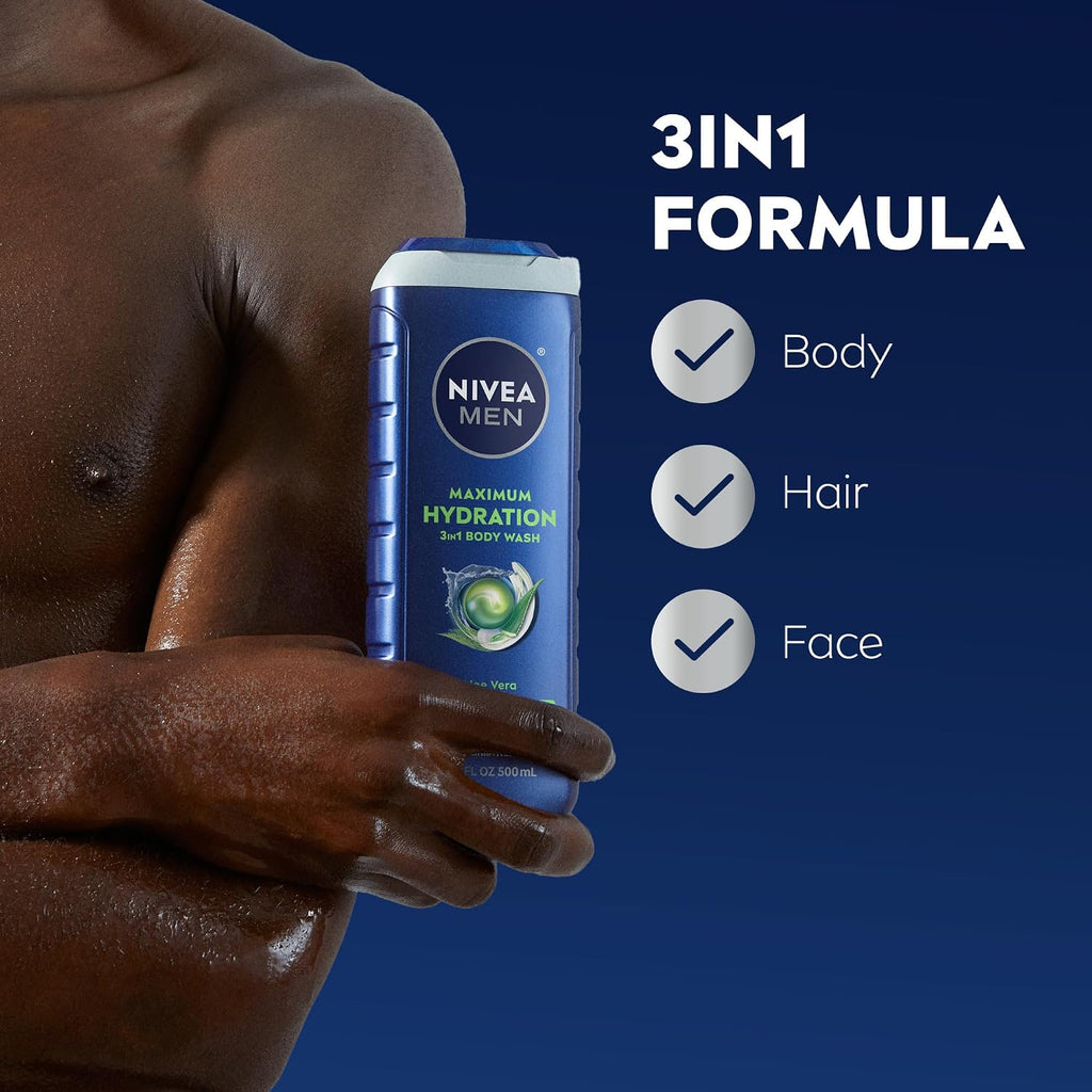 Nivea Men Maximum Hydration Body Wash For Dry Skin, Aloe Vera Enriched, 3-In-1 Moisturizing Body Wash, Face And Hair, Paraben Free, Vegan Formula, 16.9 Fl Oz Bottle, Pack Of 3