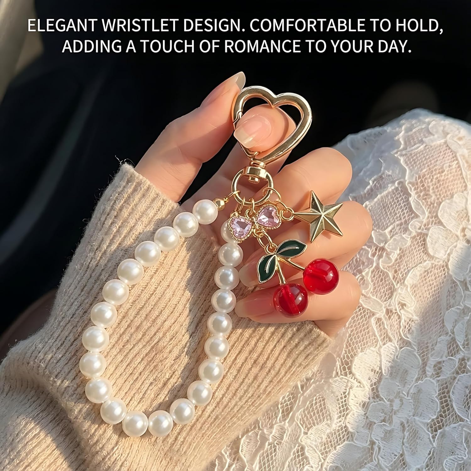 2Pcs Cherry Keychain & Pearl Bow Keychain, Sparkly Bowknot Purse Charm Flower Key Chain for Handbags Backpacks Keys