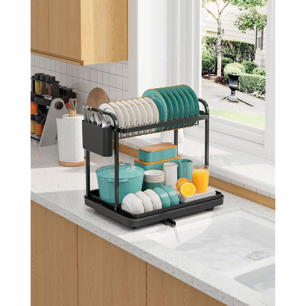 2-Tier Dish Drying Rack - Stainless Steel Dish Rack With Cutlery & Utensil Holders For Kitchen Counter, Sink Organization And Storage For Small Family, 15" W X 11.4" L X 15" H, Black