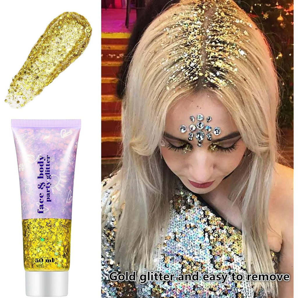 Go Ho Gold Face Body Glitter,Mardi Gras Glitter Makeup Gold Face Paint,Holographic Chunky Sequins Glitters For Eye Lip Hair Nails,Festival Rave Accessories,52G