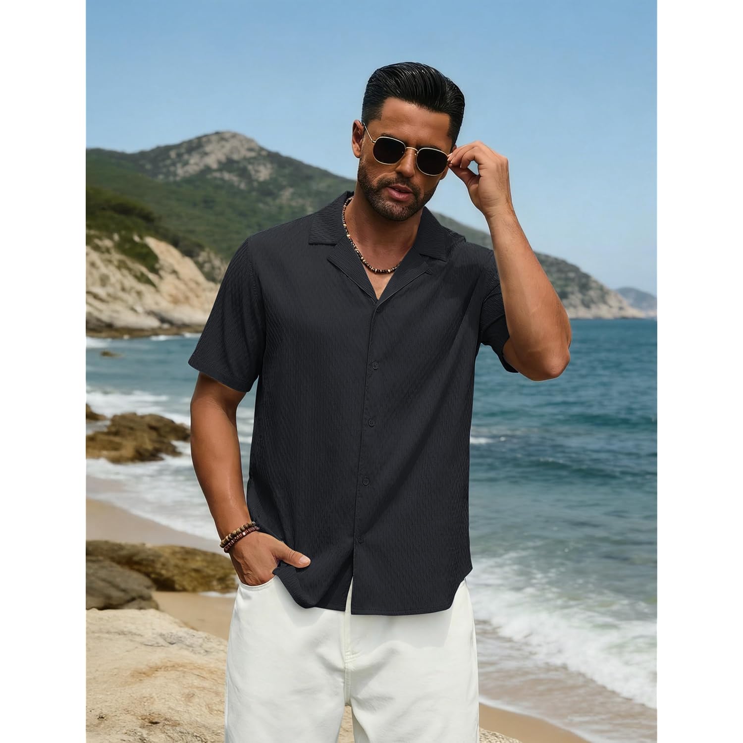 Cotrasen Men'S Casual Short Sleeve Button Down Shirt Cuban Textured Summer Beach Shirts