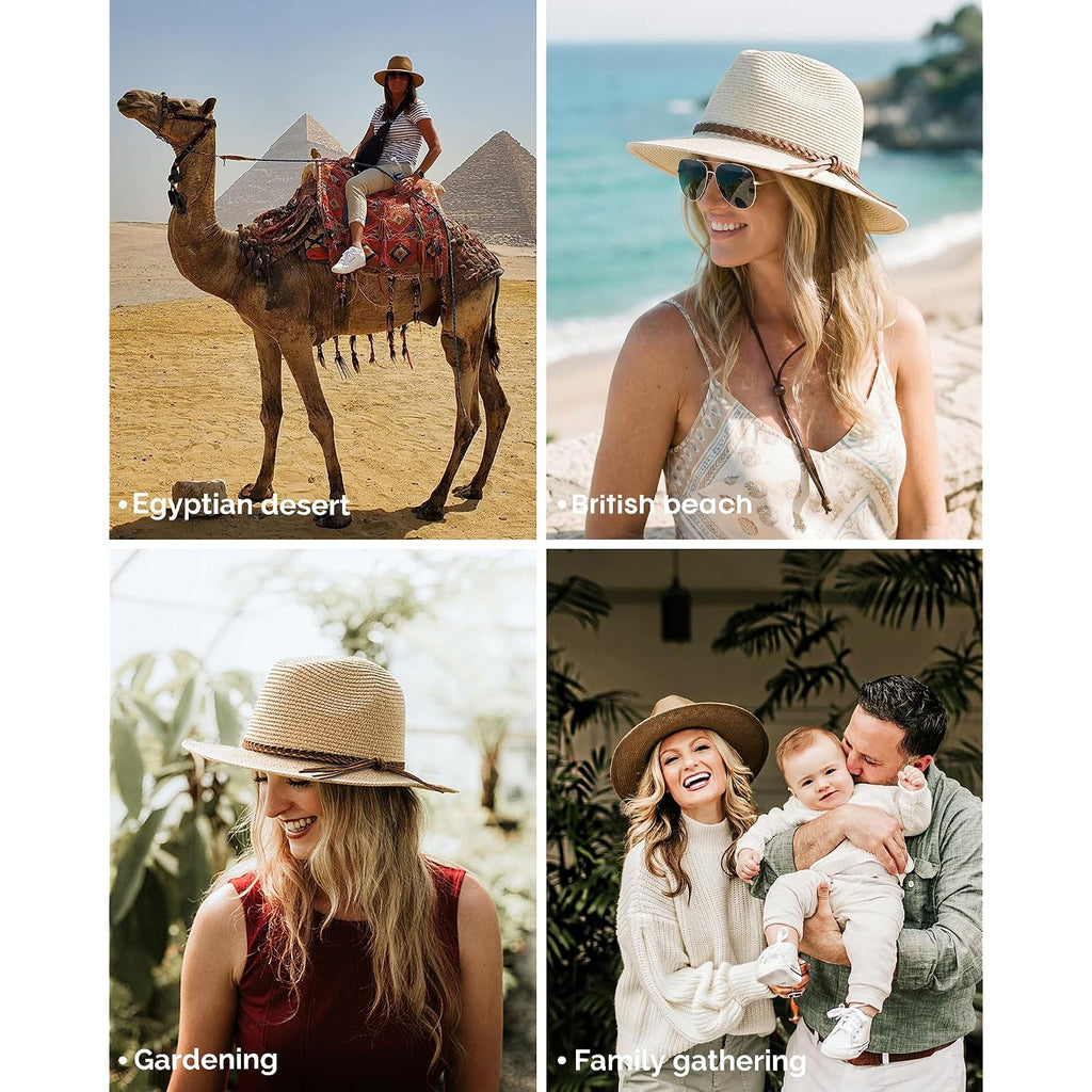 FURTALK Wide Brim Sun Hat for Women Packable Straw Panama Beach Hat Khaki
