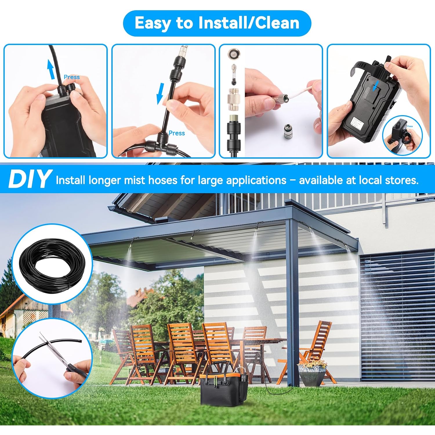 Portable Misting System For Outside Patio, Outdoor Water Cooling Mister With Battery Powered Pump (Max 8Hrs), 20L Bucket, 26Ft Hose, Patio Misters For Tailgating, Pasture, Camping, Canopy, Sport
