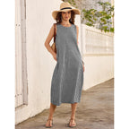 Lomon Summer Dresses For Women Cotton Casual Maxi Dress Beach Vacation Long Sundresses Plaid Striped With Pockets
