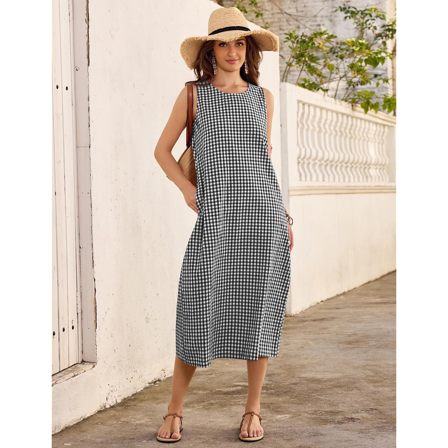 Lomon Summer Dresses For Women Cotton Casual Maxi Dress Beach Vacation Long Sundresses Plaid Striped With Pockets