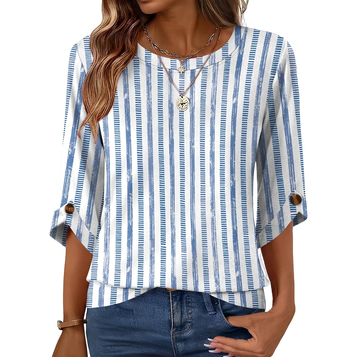 Womens 3/4 Sleeve Crew Neck Tops Business Casual Basic Blouses Trendy Flowy Tees