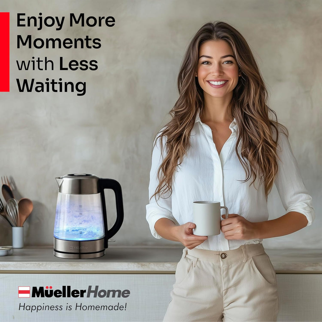 Mueller Home Rapid Boil Electric Tea Kettle 1.8L – Borosilicate Glass & Stainless Steel – Bpa-Free Hot Water Boiler, Led Light, Auto Shut-Off, Boil Dry Protection Fast Water Heater, Kitchen Appliances