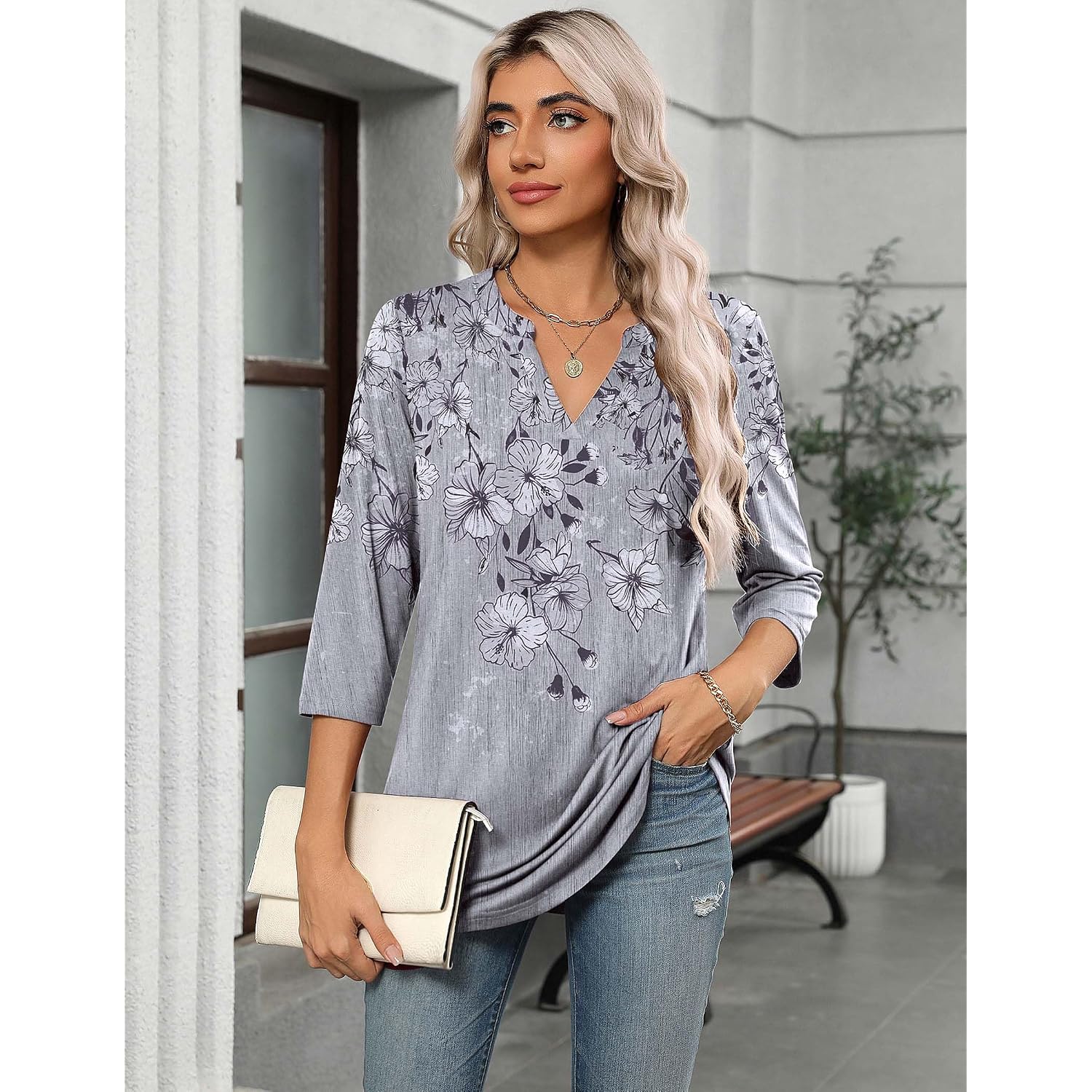 Zeagoo Womens 3/4 Length Sleeve Tops V Neck Tunic Casual Dressy Blouse Floral Printed Shirts