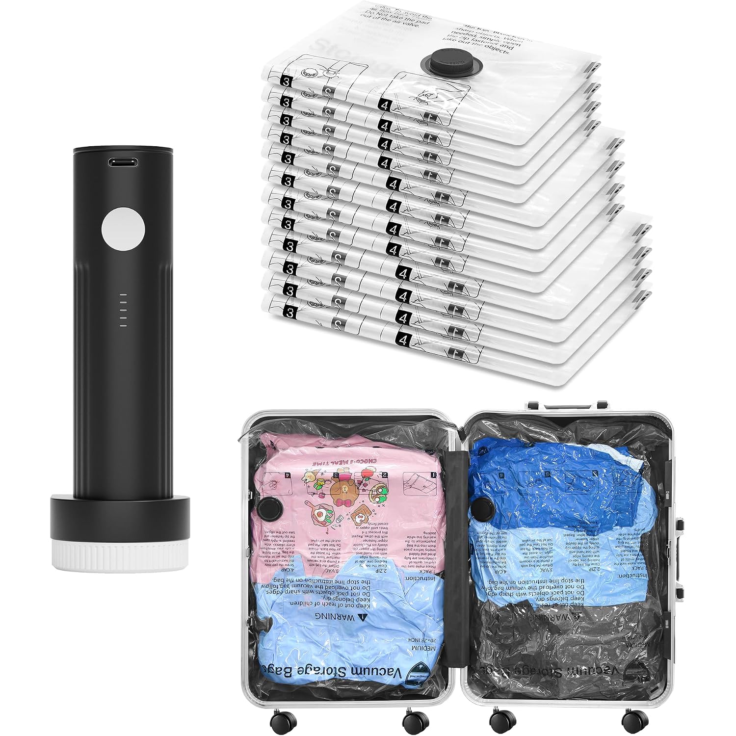 Vacuum Seal Bags For Clothing Travel And Home Storage, Travel Vacuum Bags With Electric Pump, Space Saver Compression Packing Cubes For Luggage Suitcase Bedding Blankets Clothes, 12 Combo