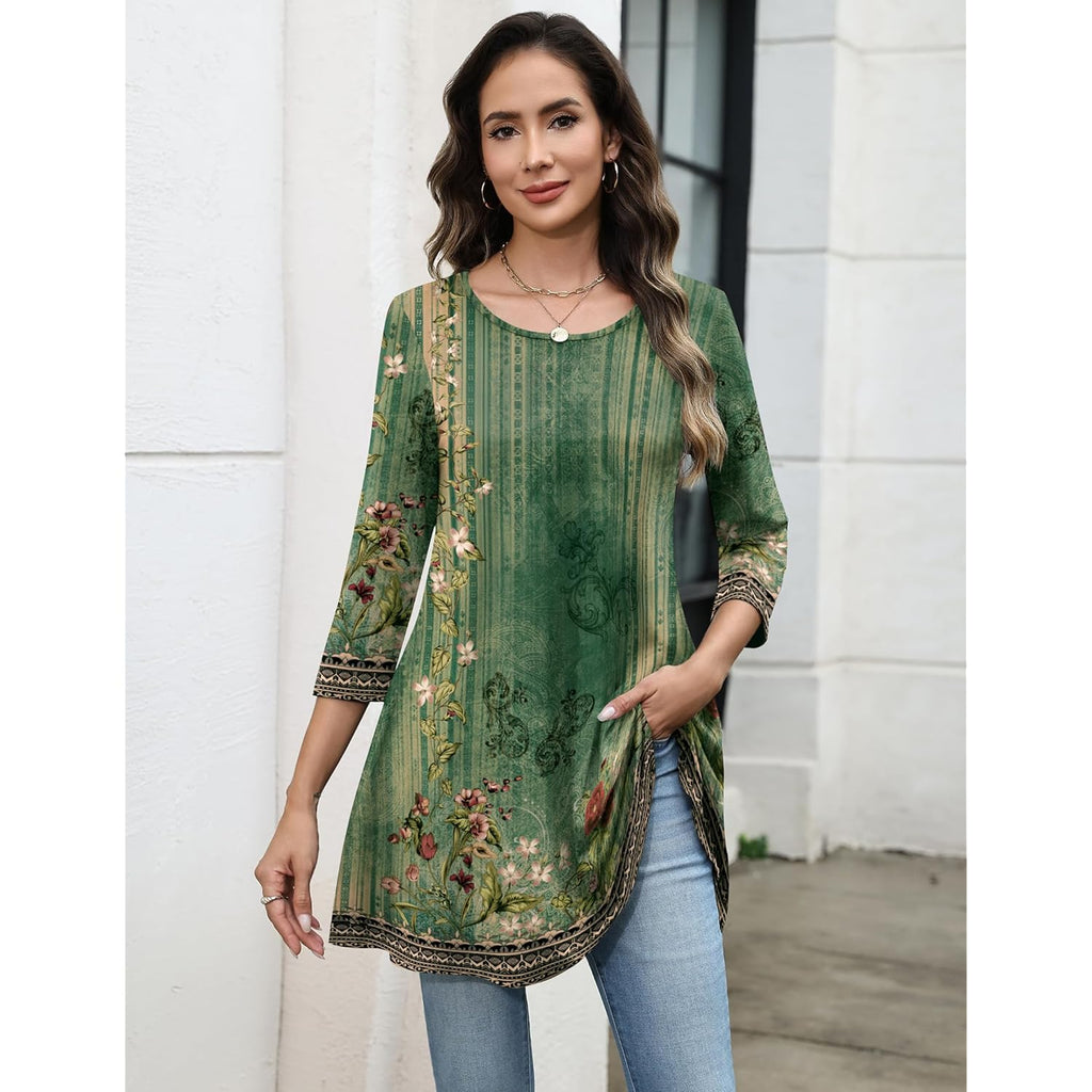 Women Tops 3/4 Sleeve Dressy Casual Plus Size Tunics to Wear with Leggings Swing Flare T-Shirt Loose Blouses