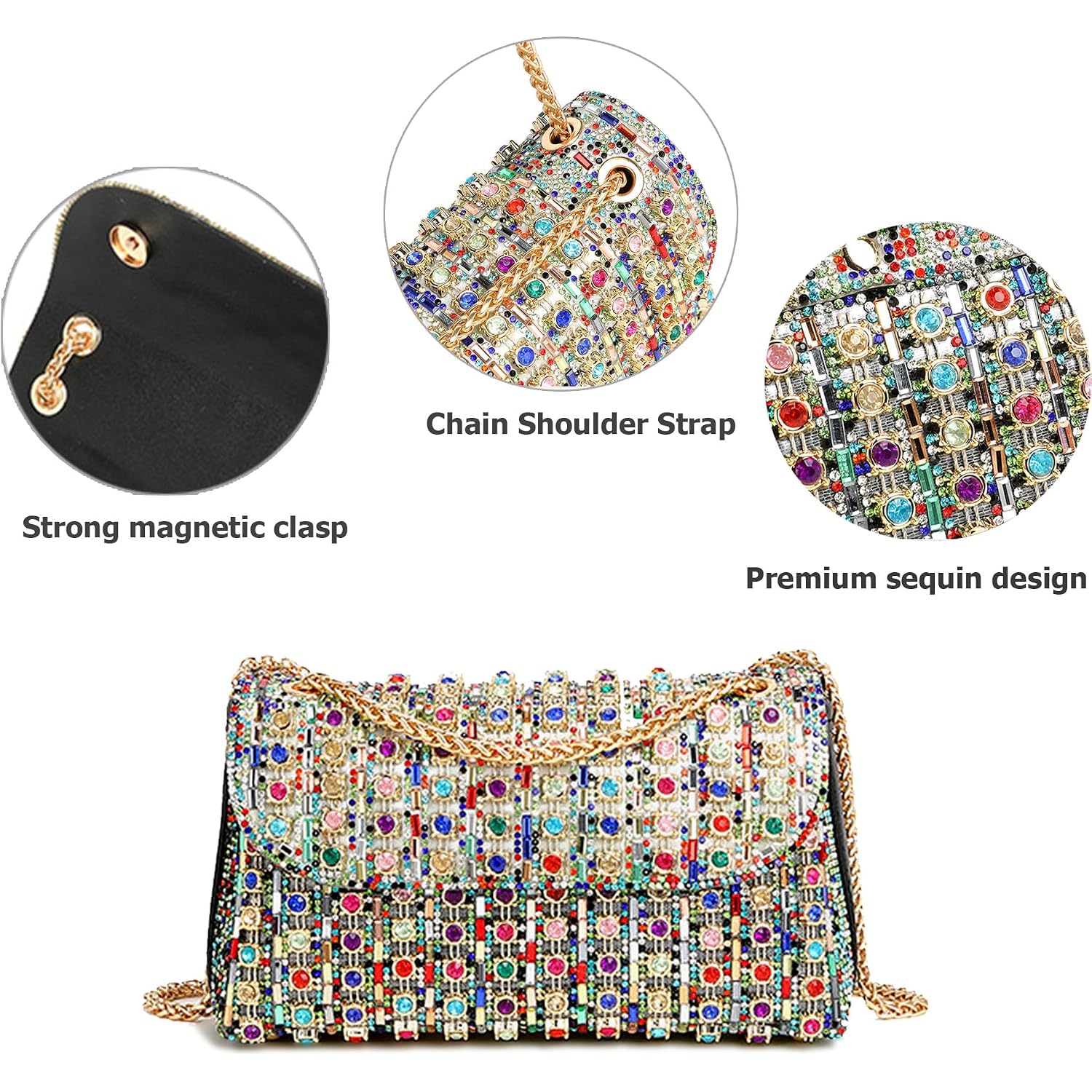 Rhinestone Clutch Purse, Sparkly Evening Bag With Chain For Women