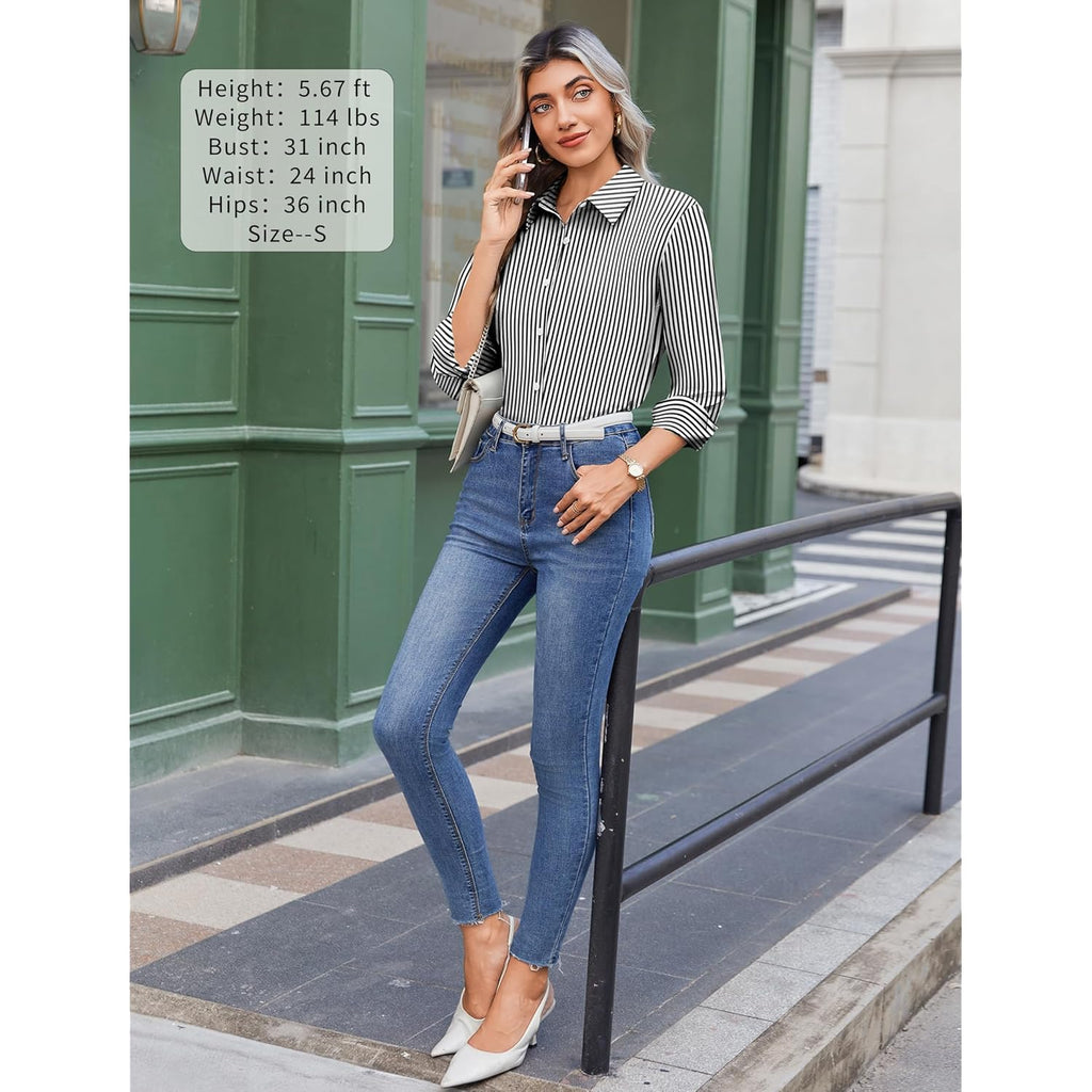 Button Down Shirts for Women Striped Collared Long Sleeve Blouses Dressy Casual Work Office Tops
