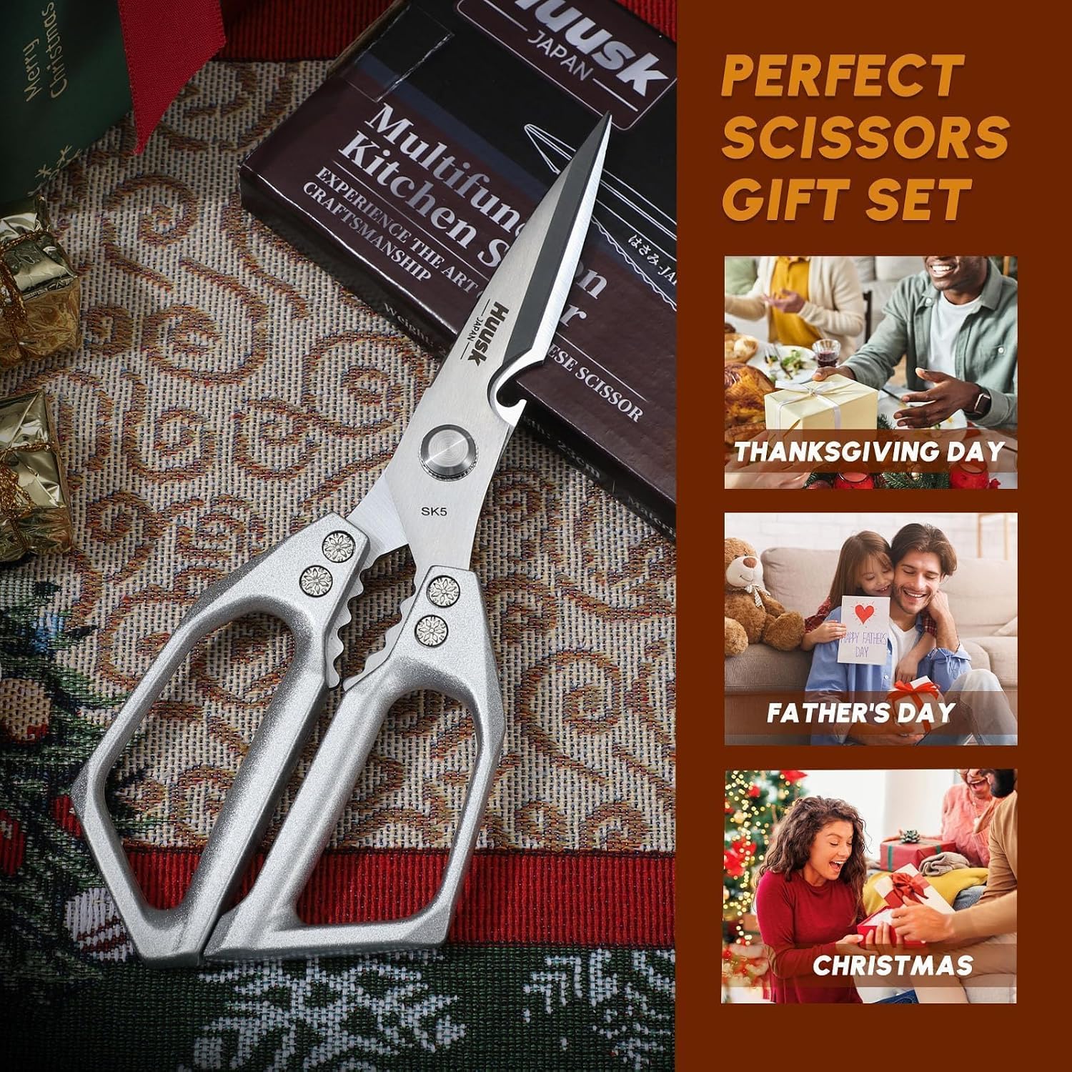 Huusk Kitchen Scissors All Purpose - Stainless Steel Kitchen Shear, Sharp Silver Meat Scissors Dishwasher Safe, Heavy Duty Poultry Shears, Japanese Cooking Scissor For Food, Gifts For Women