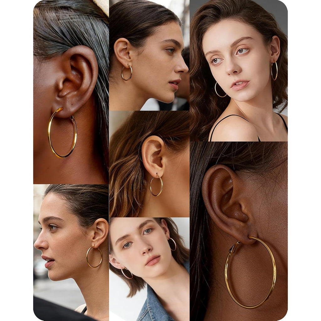 6 Pairs Silver Gold Hoop Earrings for Women - 14K Gold Plated 316 Stainless Steel, Hypoallergenic Lightweight 20/30/40/50/60/70mm Hoops Set