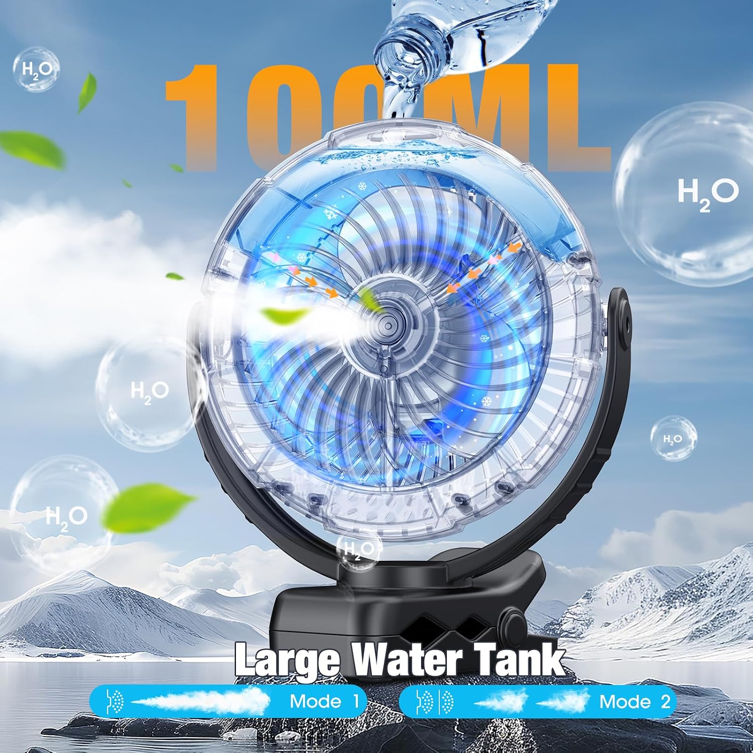 Ausic Portable Misting Golf Cart Fan, Clip On Fans, Max 45H Runtime, 100Ml Camping Stroller Fan With Ligth, 360° Rotate Cooling Spray, Outdoor Rechargeable Battery Fans For Travel/Home/Beach