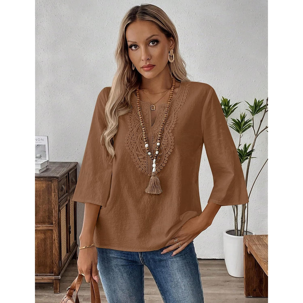 Lomon Womens 3/4 Sleeve Tops Cotton Linen Shirts V Neck Lace Casual Loose Fit Blouses Boho Fashion