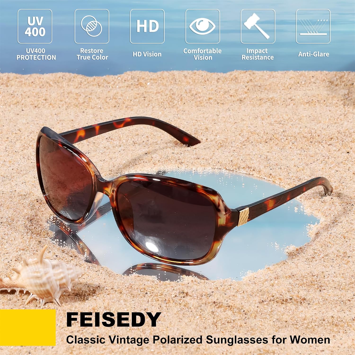Feisedy Polarized Sunglasses For Women Classic Vintage Square Wraparound Uv400 Protection Shade B0309