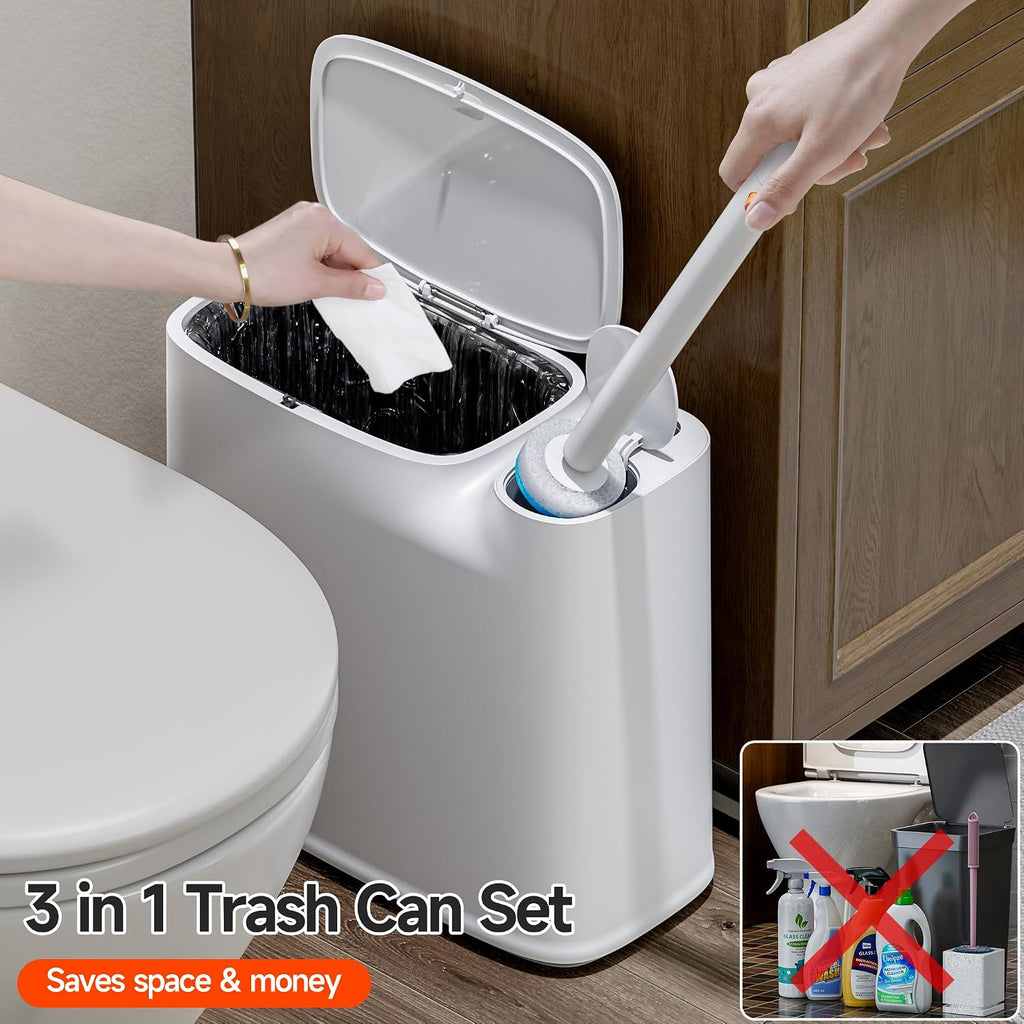 Bathroom Trash Can Set - Narrow White Plastic Small Trash Can, A Toilet Wand, Toilet Brush Holder And 36 Refills, 2 Gallon Trash Can With Pop-Up Lid, Suitable For Bathrooms And Small Toilets.