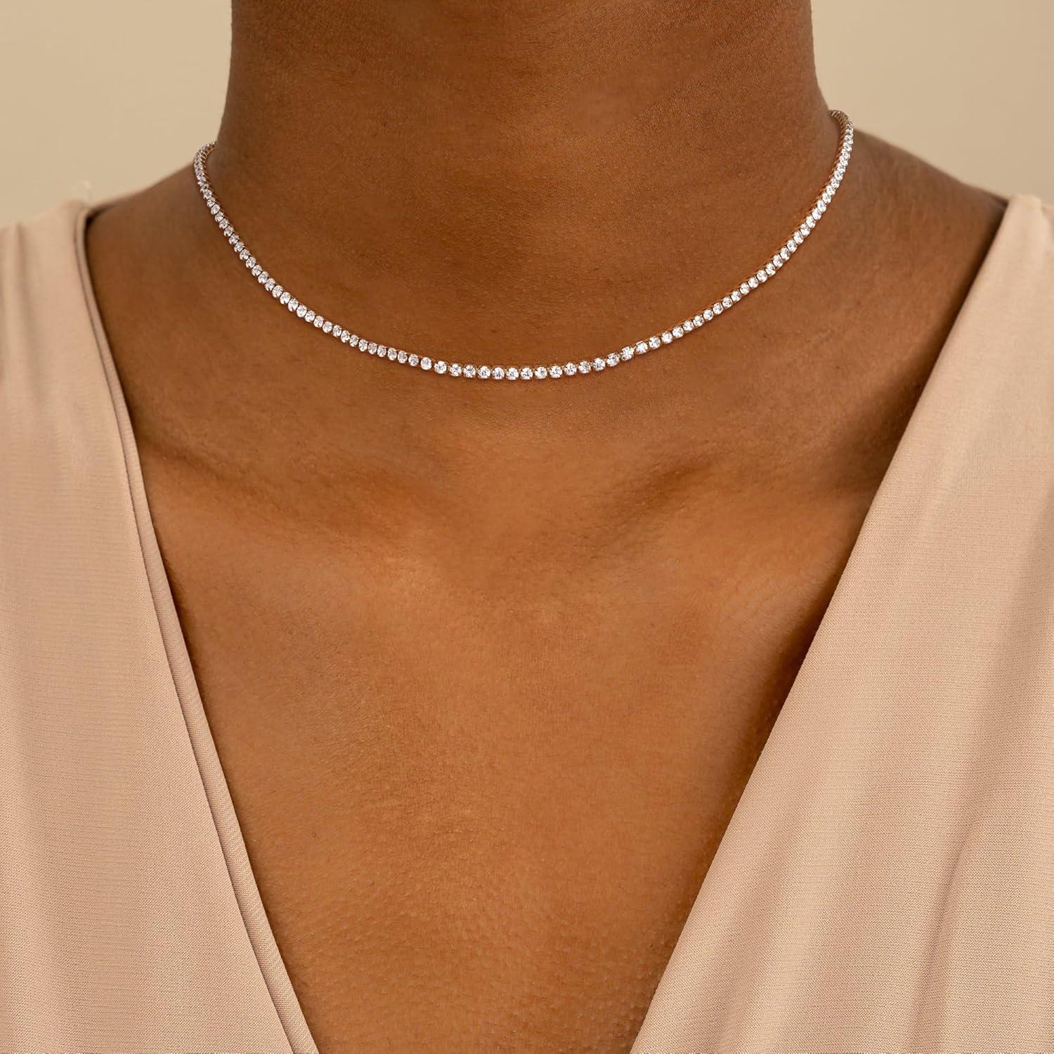 Robaice Tennis Necklace for Women, 14K Gold/Silver Plated Rhinestone Choker Necklace for Women, Dainty Cubic Zirconia Cut Faux Diamond Chain