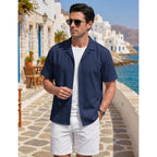 Eklentson Mens Button Down Shirt Short Sleeve Textured Cuban Shirts Lightweight Breathable Summer Beach Casual Shirt