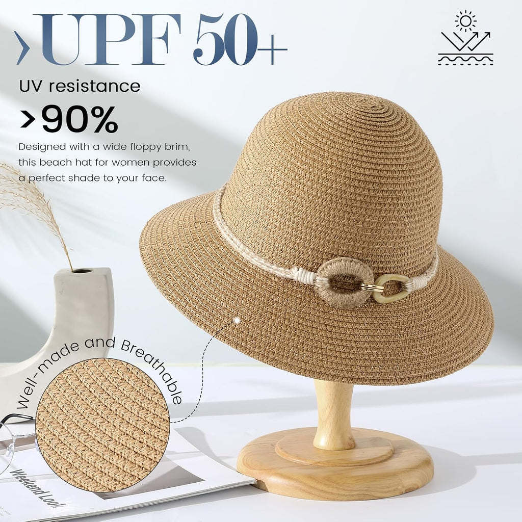 Beach Sun Straw Hats For Women, Upf 50+ Uv Sun Protection Wide Brim Summer Straw Hat Foldable Packable Roll Up Cap