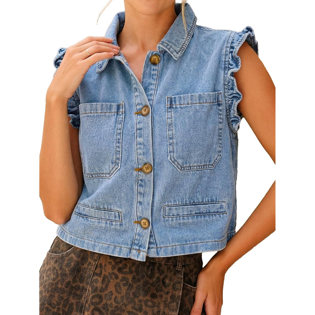 Women'S Casual Denim Vest Sleeveless Ruffle Cuffed Cropped Jacket Tops 2026 | Country Concert Outfits For Women,Western Clothing,Y2K Fashion,Denim Vest Shirts,Spring & Summer Fashion,Button Down Closure