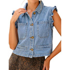 Women'S Casual Denim Vest Sleeveless Ruffle Cuffed Cropped Jacket Tops 2026 | Country Concert Outfits For Women,Western Clothing,Y2K Fashion,Denim Vest Shirts,Spring & Summer Fashion,Button Down Closure