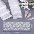 White Lace Nail Foil Transfer Stickers, 10 Rolls Nail Lace Flowers Stickers Design Holographic Nail Foils Transfer Paper Nail Art Decals for Women DIY Acrylic Nails Manicure Wraps Salon Decoration