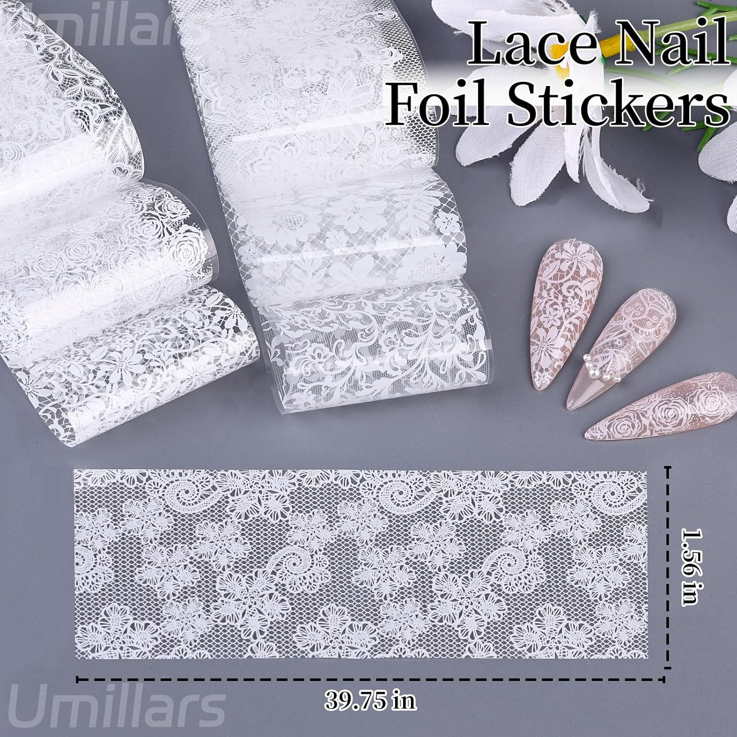 White Lace Nail Foil Transfer Stickers, 10 Rolls Nail Lace Flowers Stickers Design Holographic Nail Foils Transfer Paper Nail Art Decals for Women DIY Acrylic Nails Manicure Wraps Salon Decoration