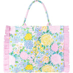 Lilly Pulitzer Ruffle Tote Bag, Cotton Canvas Shoulder Tote with Ruffle Detail, Flat Base, Durable Straps, Large Carryall for Travel & Everyday Use (Lilly Garden Home)