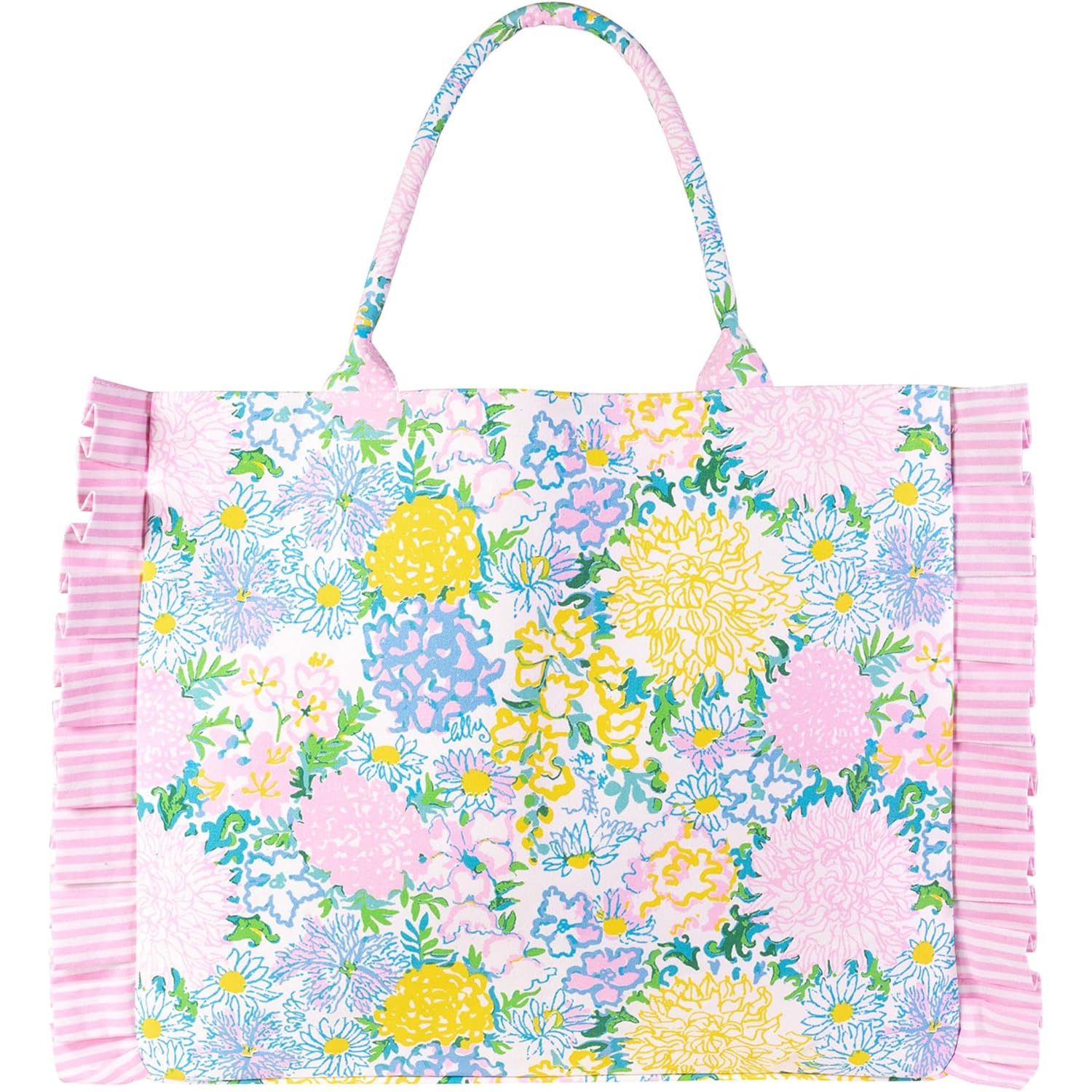 Lilly Pulitzer Ruffle Tote Bag, Cotton Canvas Shoulder Tote with Ruffle Detail, Flat Base, Durable Straps, Large Carryall for Travel & Everyday Use (Lilly Garden Home)