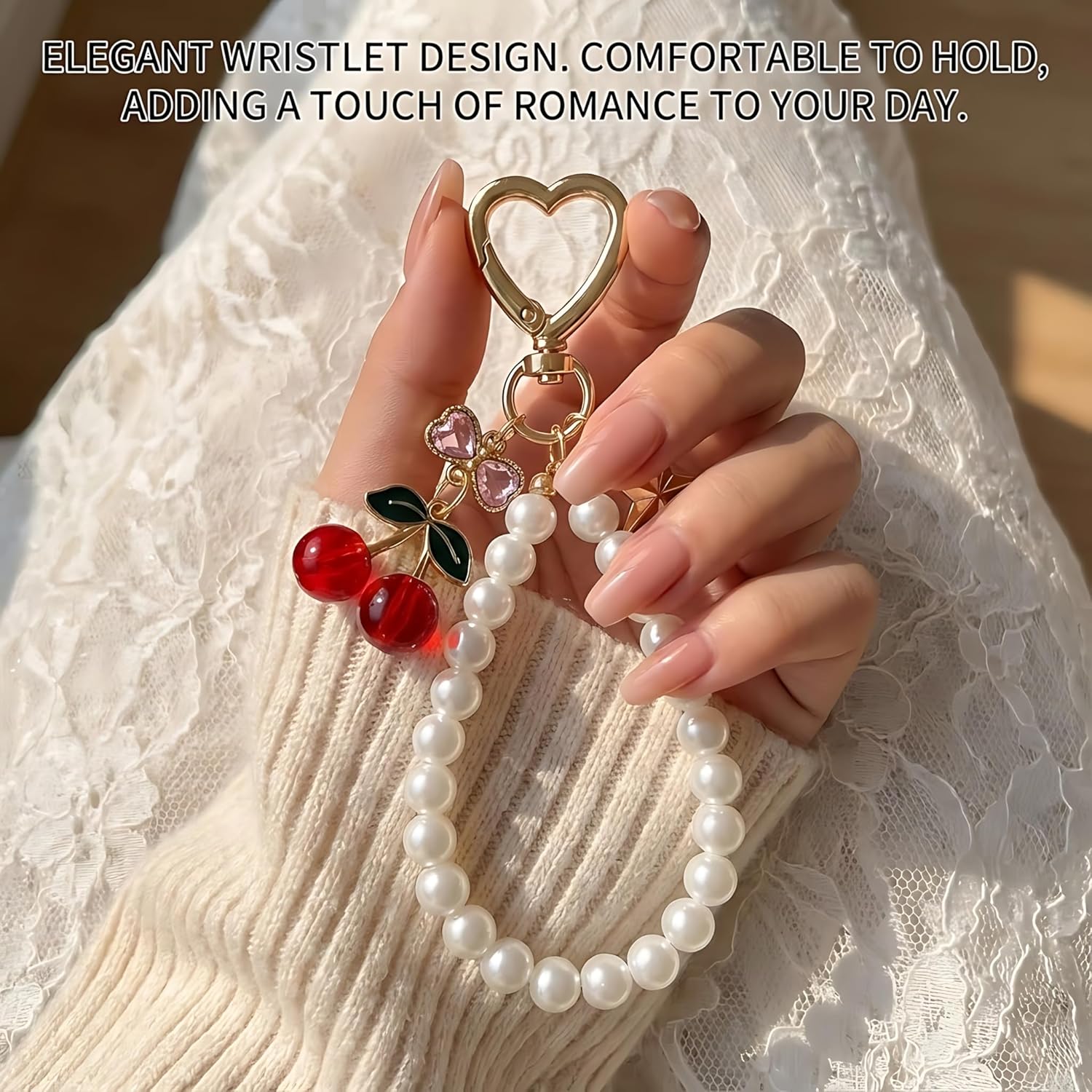 2Pcs Cherry Keychain & Pearl Bow Keychain, Sparkly Bowknot Purse Charm Flower Key Chain for Handbags Backpacks Keys