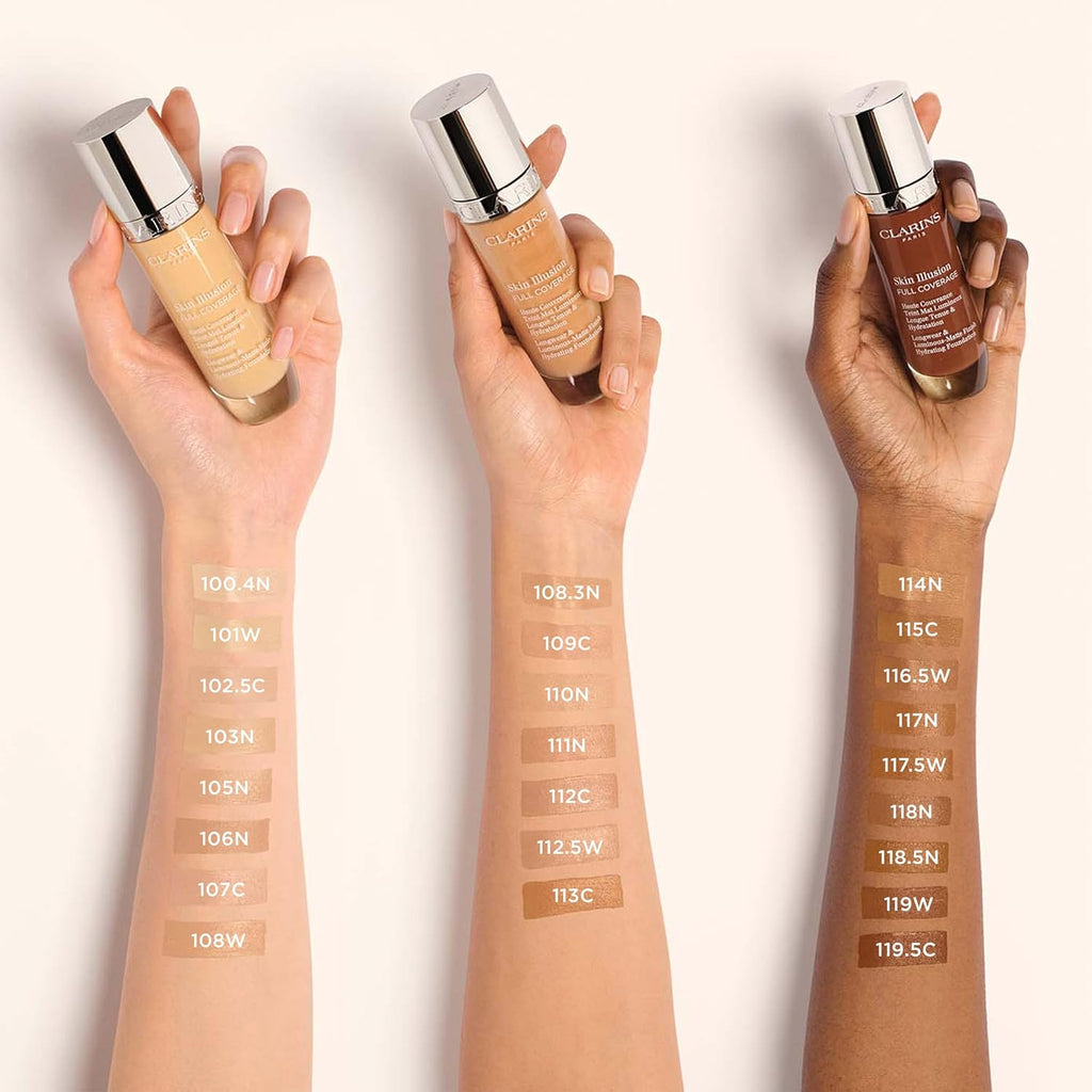 Clarins Skin Illusion Longwear Full Coverage Foundation|Luminous Matte Finish|24H Hold and 24H Hydration|Natural Looking|Transfer, Sweat and Smudge Proof| Contains Hyaluronic Acid|1 Fl Oz