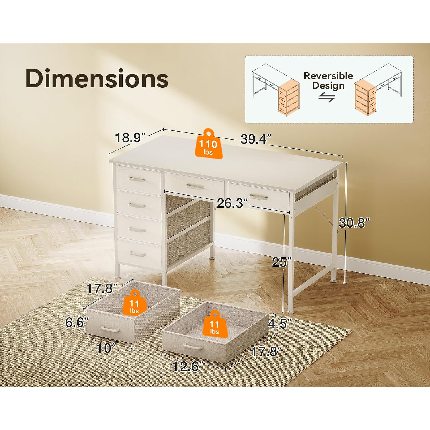Odk Computer Desk With 6 Drawers, 40 Inch Small Desk With Storage, Reversible Desk For Home Office, Work Study Table For Bedroom, White