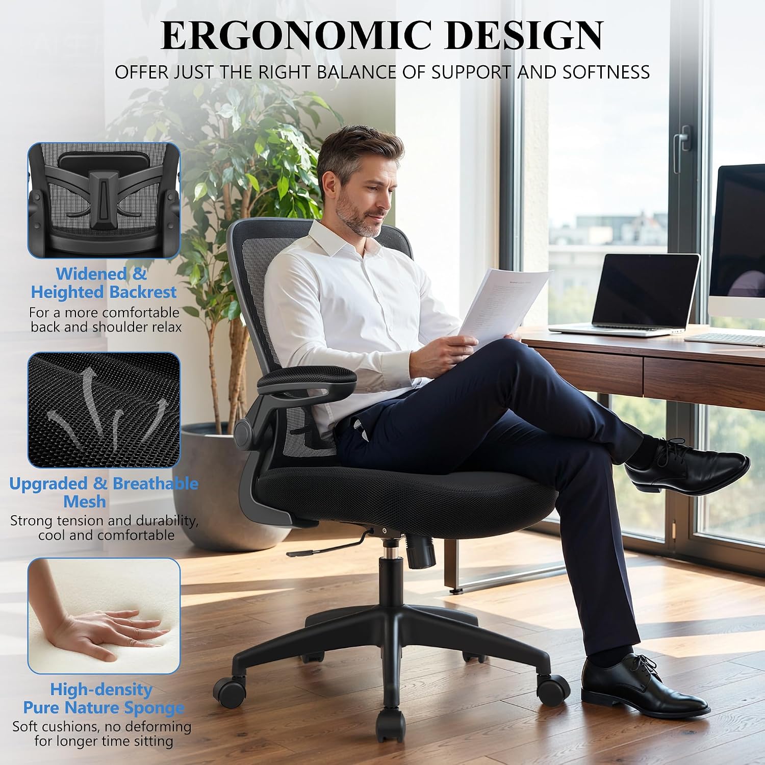 Felixking Office Chair, Ergonomic Desk Chair Breathable Mesh Chairs Adjustable High Back Lumbar Support Flip-Up Armrests, Executive Rolling Swivel Comfy Computer Chairs Home Office Black