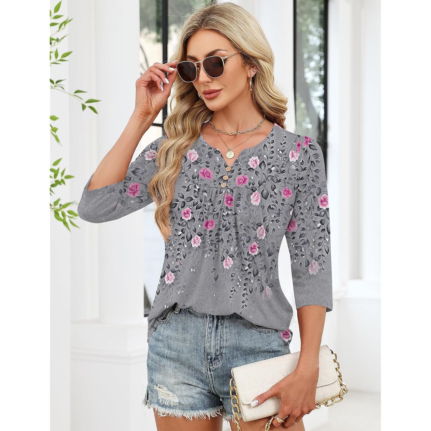 Lomon 3/4 Length Sleeve Womens Tops Dressy Casual Henley V Neck Blouses Loose Fit Tunics 2026 Trendy Summer Outfits