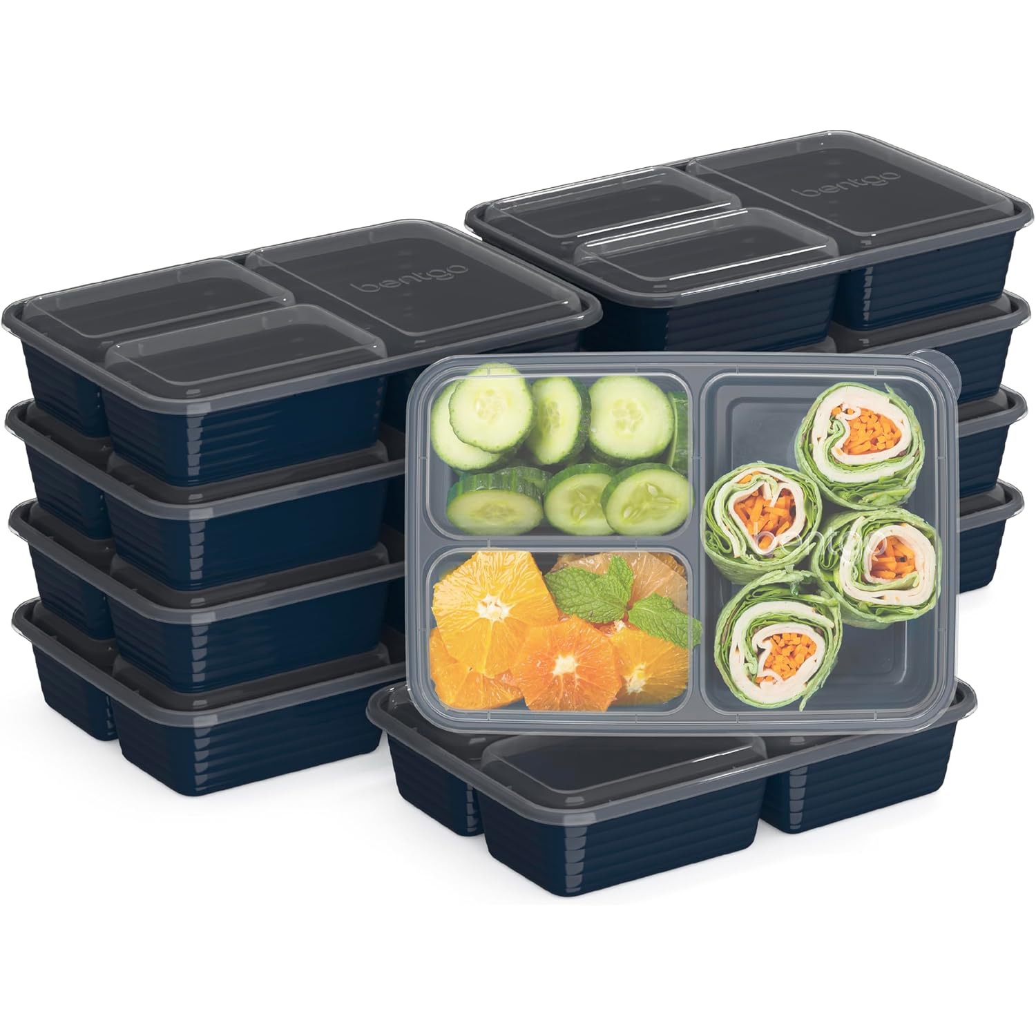 Bentgo Prep - 20-Piece 3-Compartment Reusable Meal Prep Containers with Lids, PFAS & BPA Free Materials, Durable, Microwave, Freezer, & Dishwasher Safe To Go Food Storage (Navy Blue)