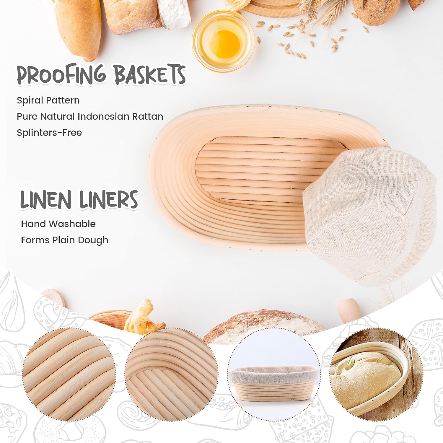 Doyolla Bread Proofing Baskets Set Of 2 10 Inch Oval Shaped Dough Proofing Bowls W/Liners Perfect For Professional & Home Sourdough Bread Baking