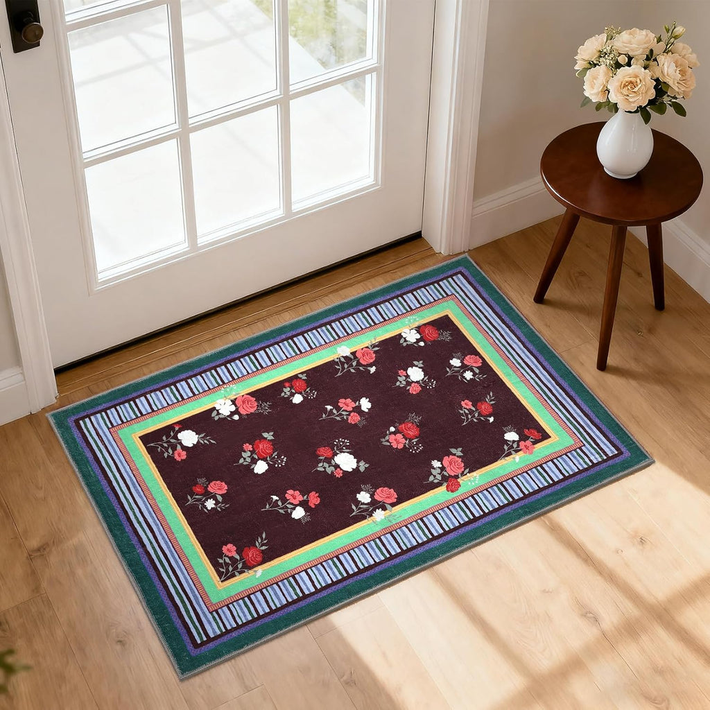 GarveeHome Brown 2x3 Area Rug, Vintage Floral Machine Washable Small Rug, Non Slip TPR Backing, Soft Entryway Mat for Kitchen Bathroom Bedroom Nursery