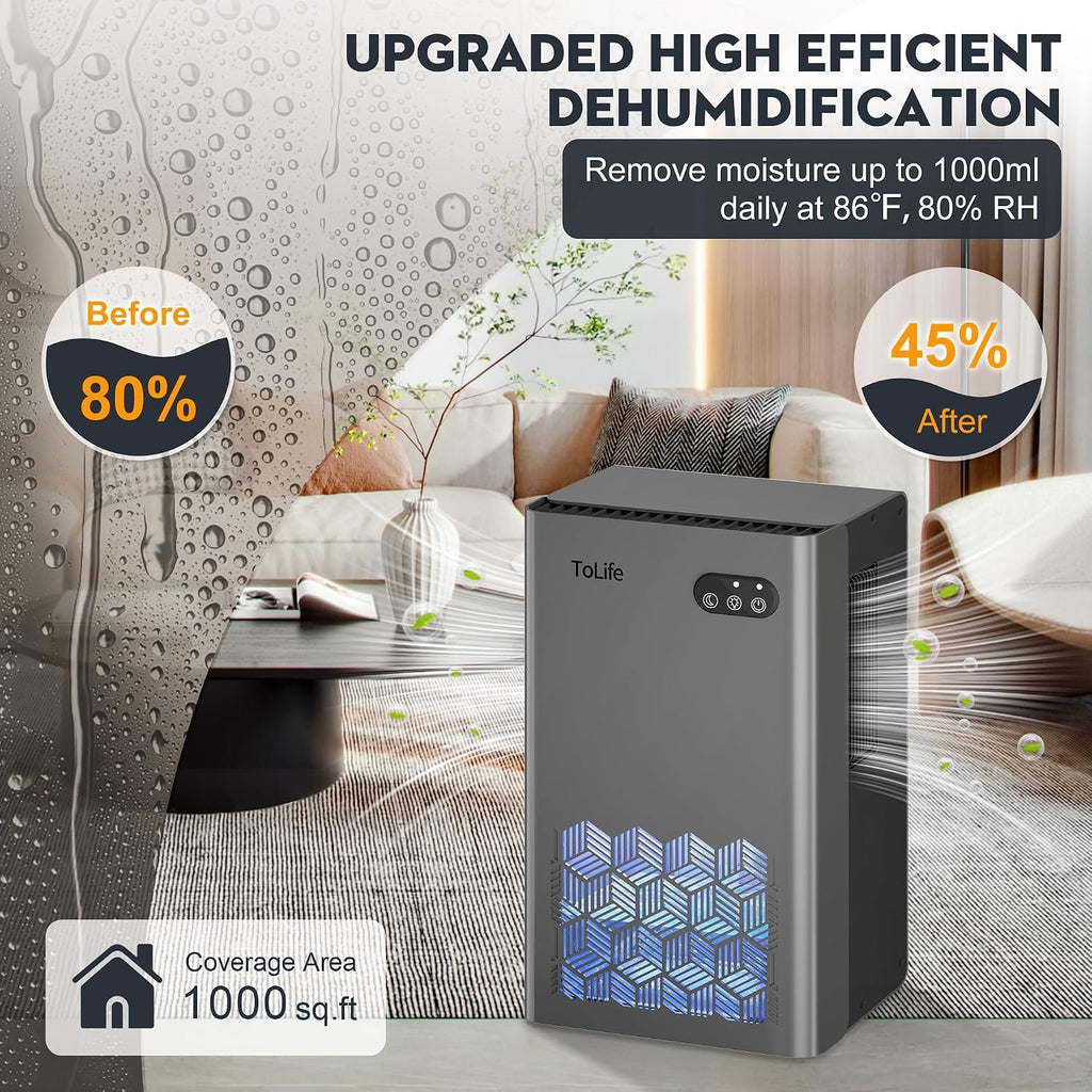 Tolife Dehumidifiers For Home, 1000 Sq.Ft Dehumidifier For Basement Bathroom Bedroom With 95 Oz Water Tank, Auto Shut Off 7 Colors Led Light, Grey