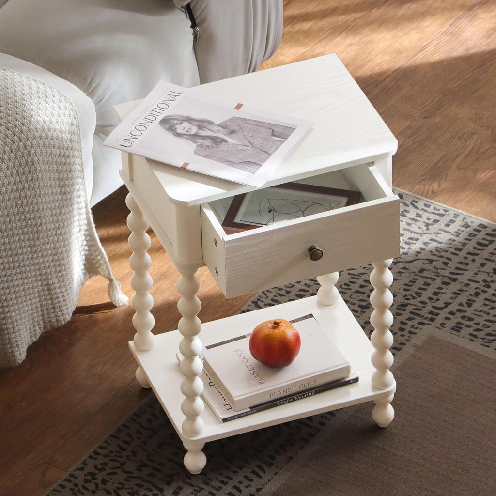 Awasen White Nightstand, Small Side Table With Drawer For Living Room, Farmhouse End Bedside Table With Spindle Wood Legs For Bedroom, Office, White