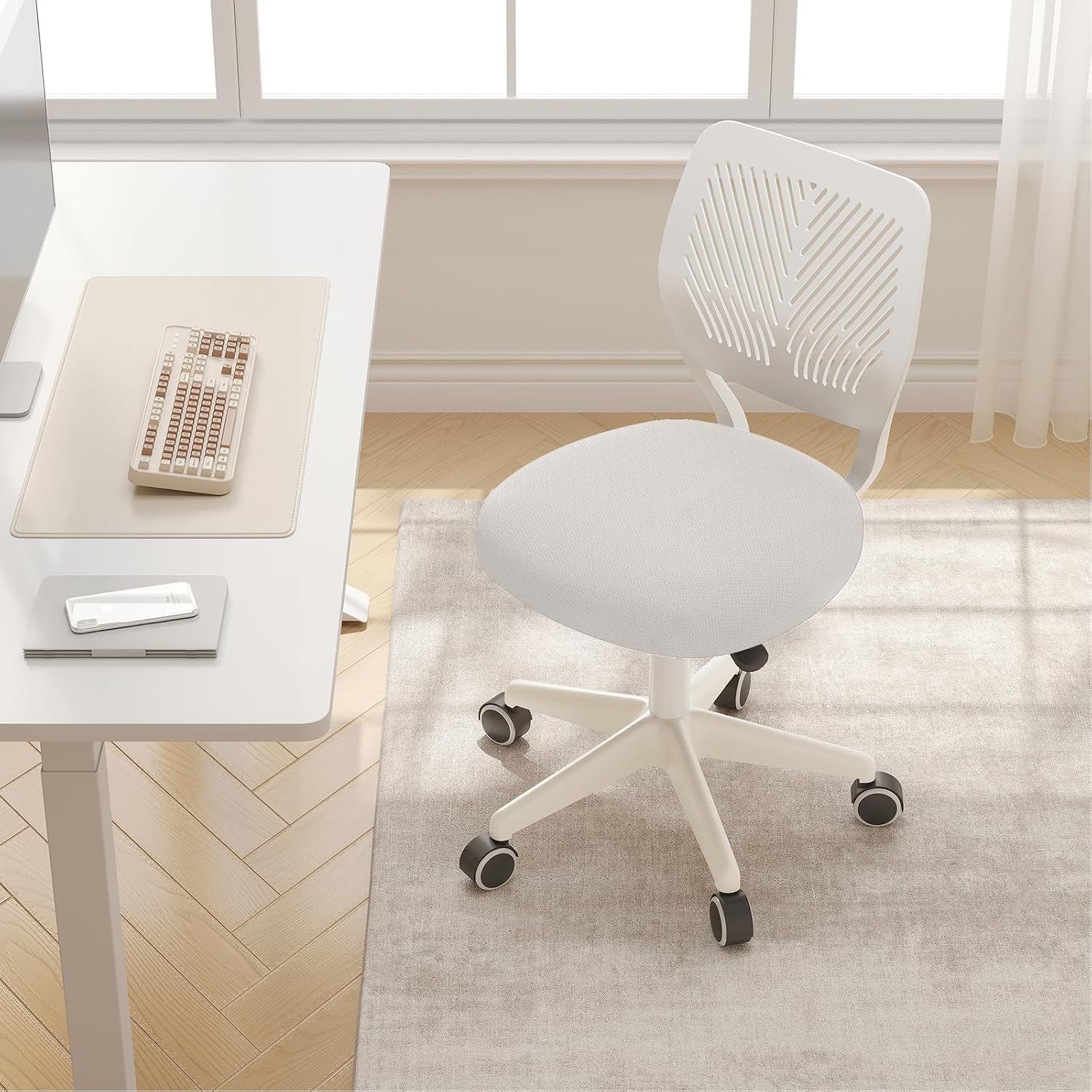 Jpbsto Armless Desk Chair, Height Adjustable Swivel Office Rolling Task Chairs With Soft Mesh Padded Cushion, Ergonomic Small Study Computer Chair For Girls Boys Teens (White, 1Pc)