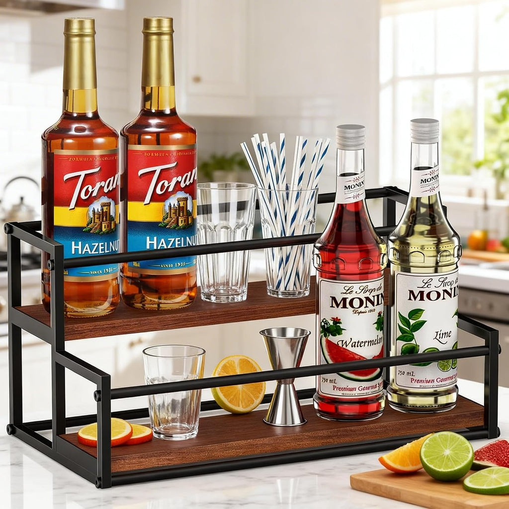 Thygiftree Coffee Syrup Rack Organizer 2-Tier 10 Syrup Bottles Holder Stand Metal With Wood Base For Coffee Bar Storage Shelves For Kitchen Countertop Matte Black