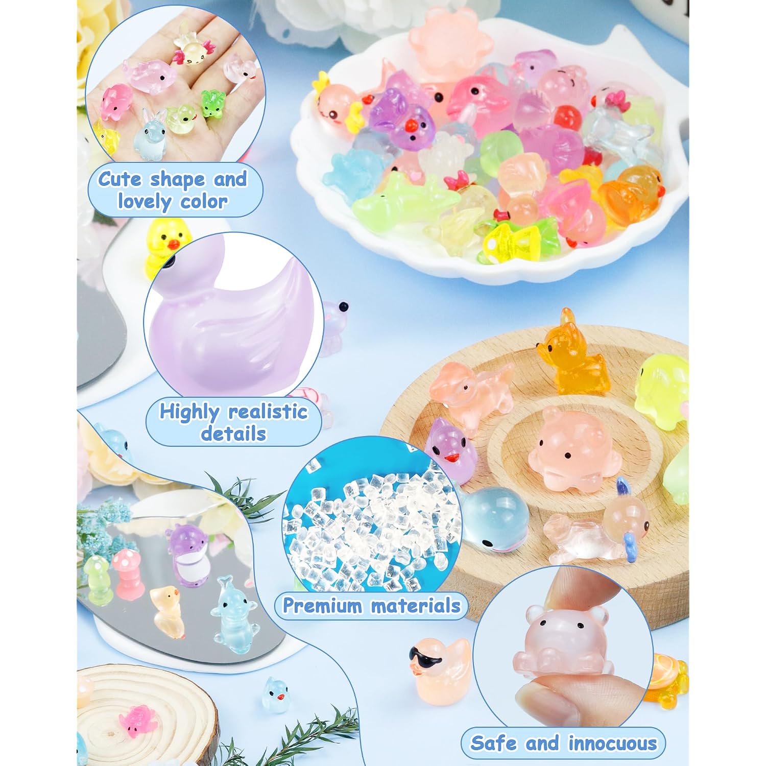 Fiveizero 100Pcs Luminous Mini Resin Animals Bulk - 20 Styles Glow In The Dark Plastic Tiny Animals Figures For Dollhouse, Fairy Garden, Aquarium, Party Favors & Diy Craft Decor
