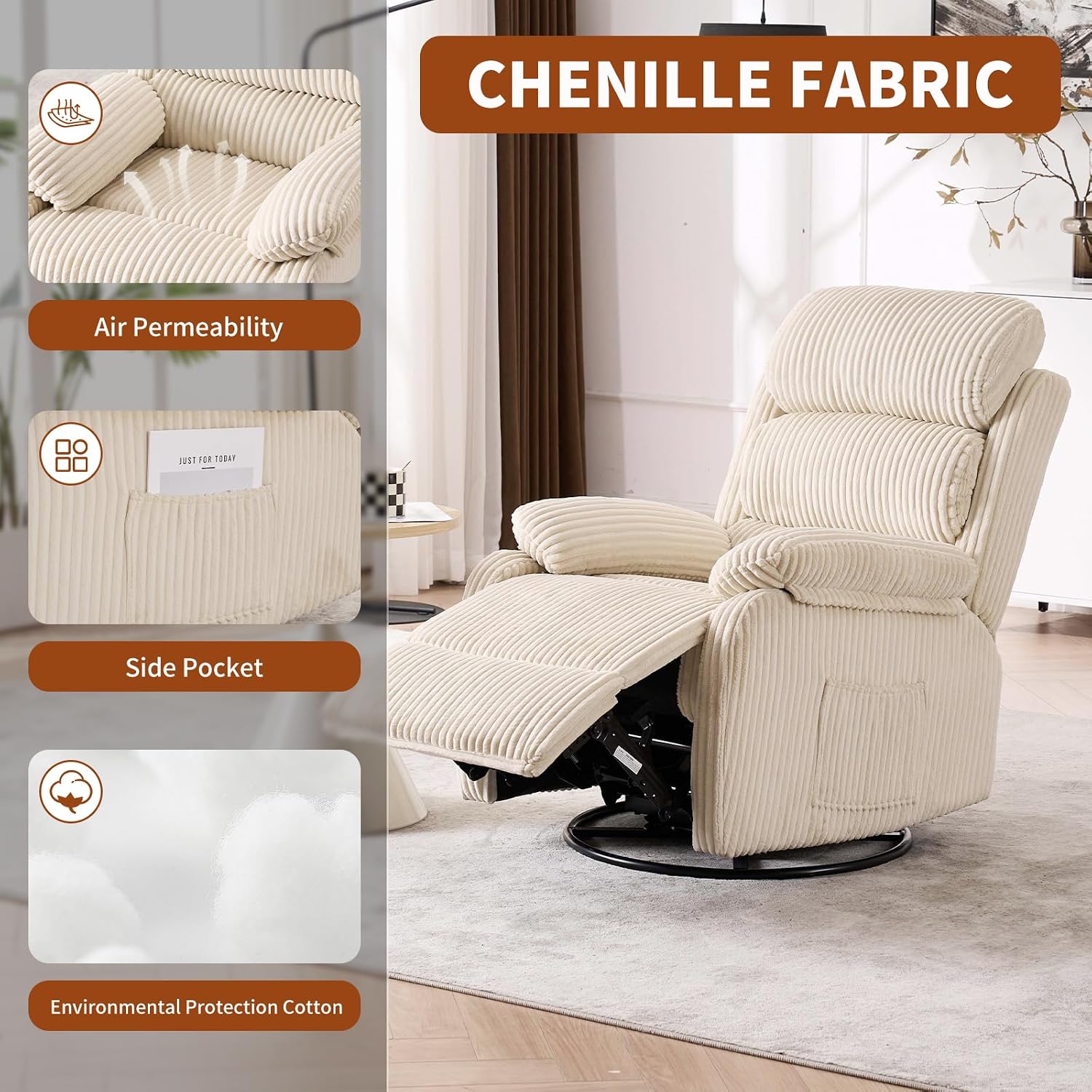 Adult 360° Rocking Recliner Chair，Nursery Rocker Reclining Chair With Side Pocket, A Comfy Upholstered Single Sofa Armchair. Suitable For Living Room, Bedroom Nursing Use, Velvet Fabric In Beige