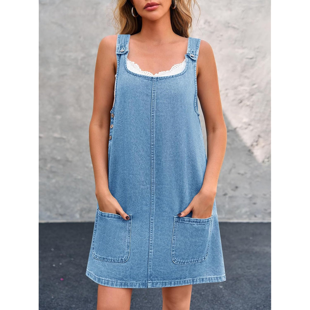 Bzb Women'S Sleeveless Casual Denim Dress Crewneck Vintage Loose Jean Overall Dress With Pockets