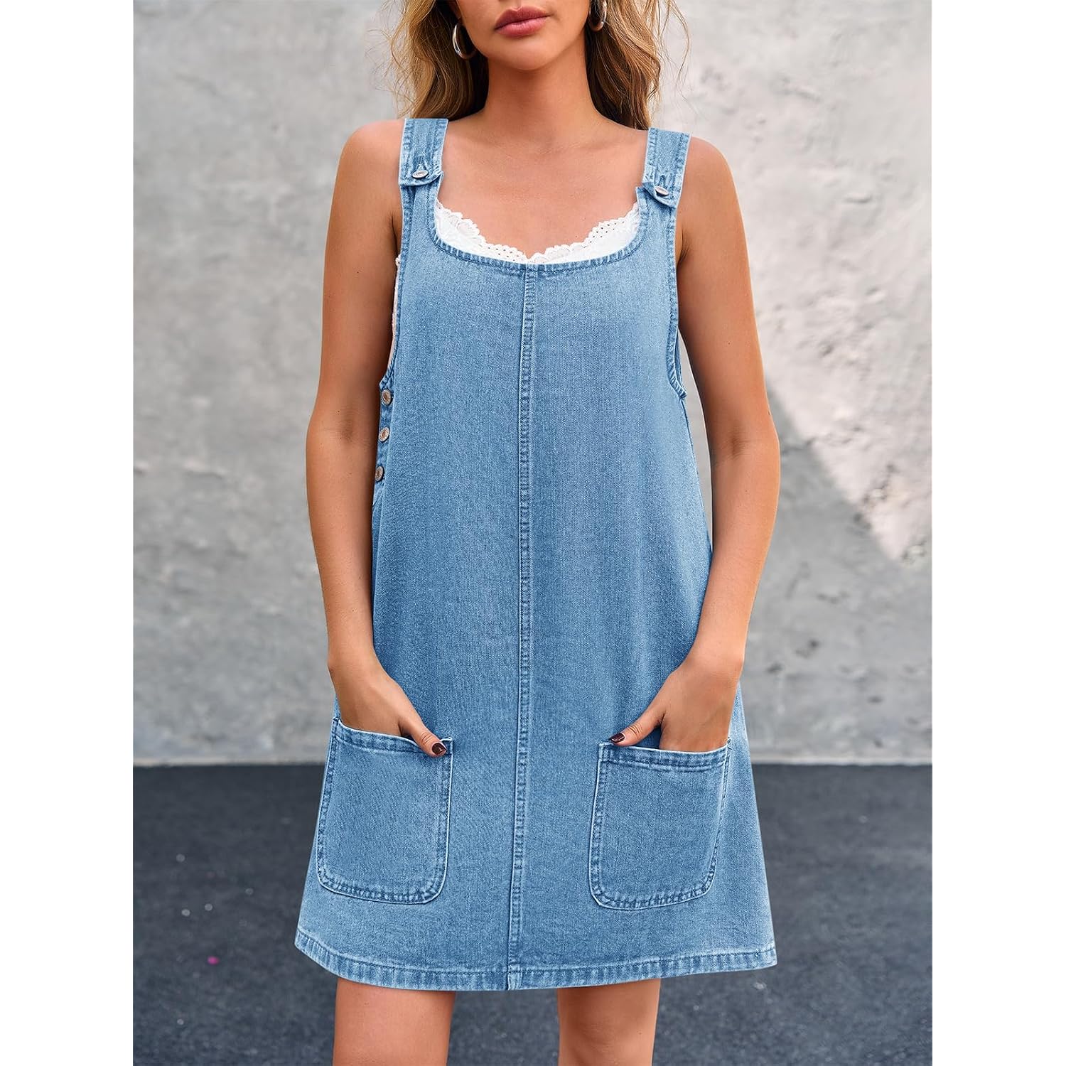 Bzb Women'S Sleeveless Casual Denim Dress Crewneck Vintage Loose Jean Overall Dress With Pockets