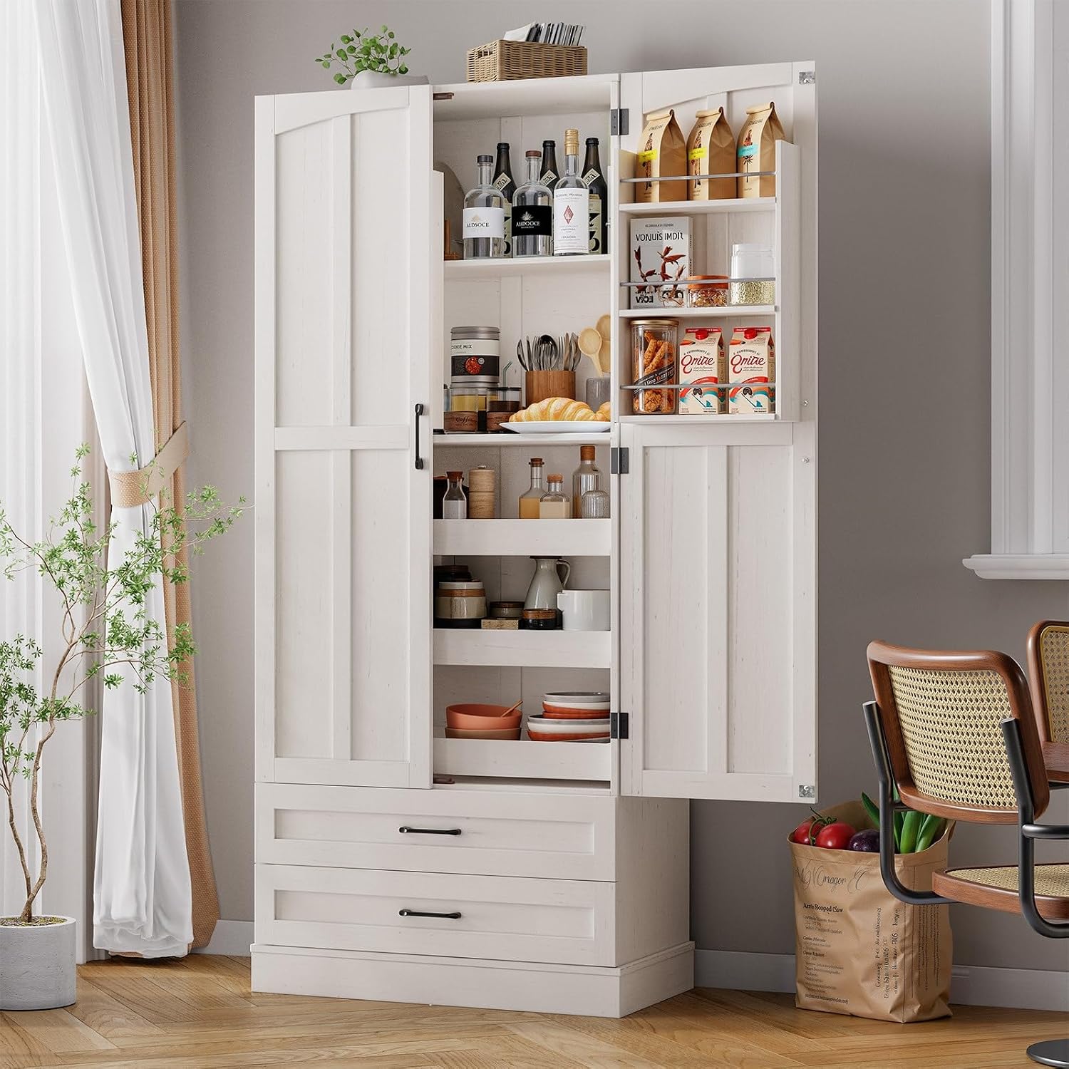 71" Tall Farmhouse Kitchen Pantry Cabinet With 3 Pull Out Shelves & 2 Large Drawers, Pantry Storage Cabinet With 6 Door Shelf & Adjustable Shelf, Freestanding Cupboard For Kitchen, Dining Room